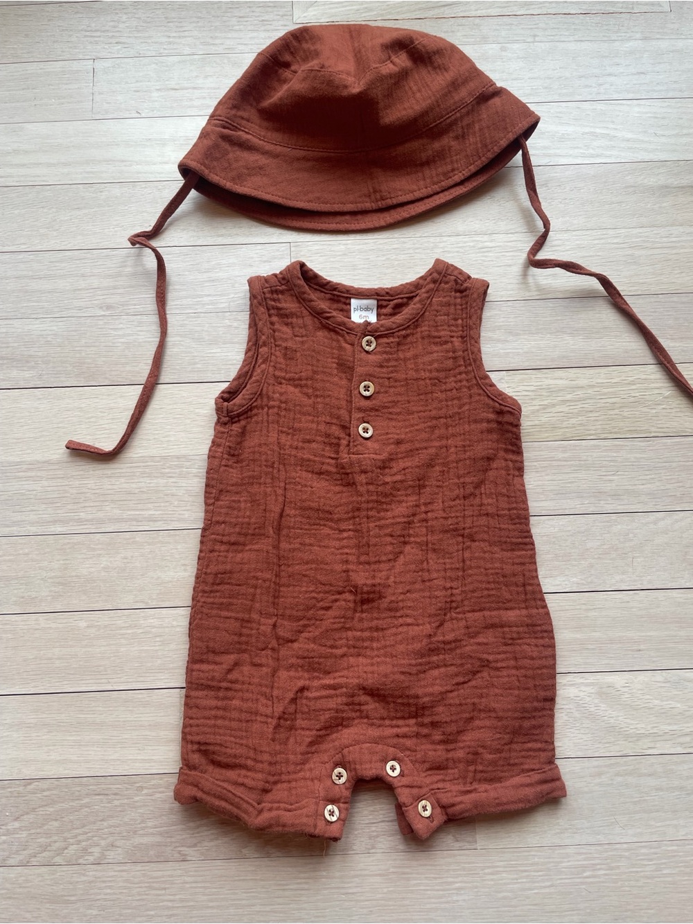 Petit Lem Rust Brown Muslin Romper & Sun Hat Set